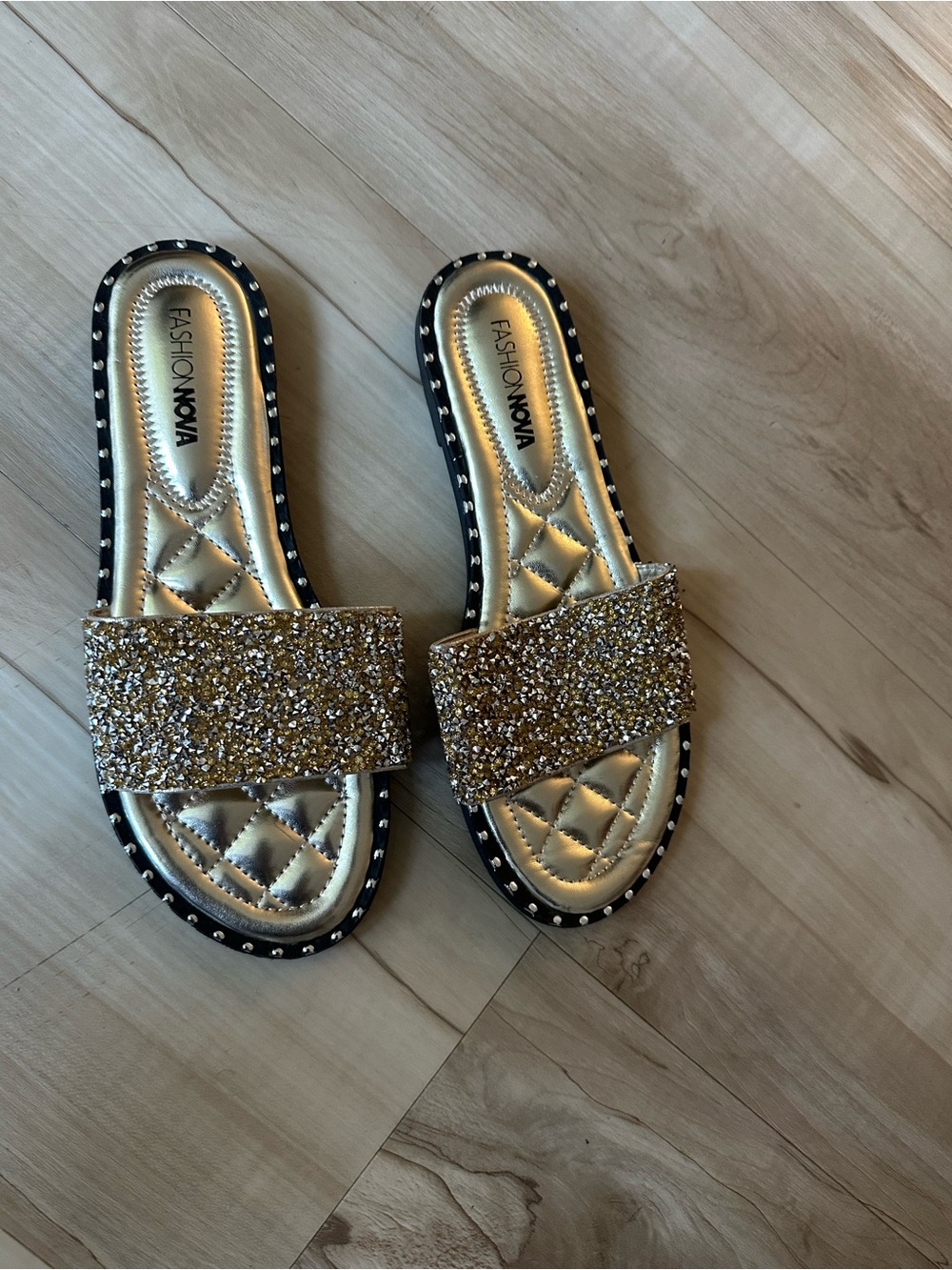 Fashion Nova Gold Glitter Slide Sandals for Women Brand New